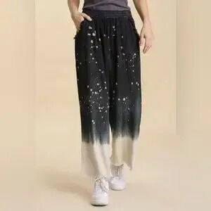 Umgee Full Size Raw Hem Linen Blend Bleach Dip Dye Wide Leg Pants Plus Size